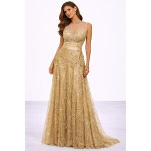 House of Jovelle Gown Skirt Set Women Size XS Gold Beaded Two Piece Formal Glam